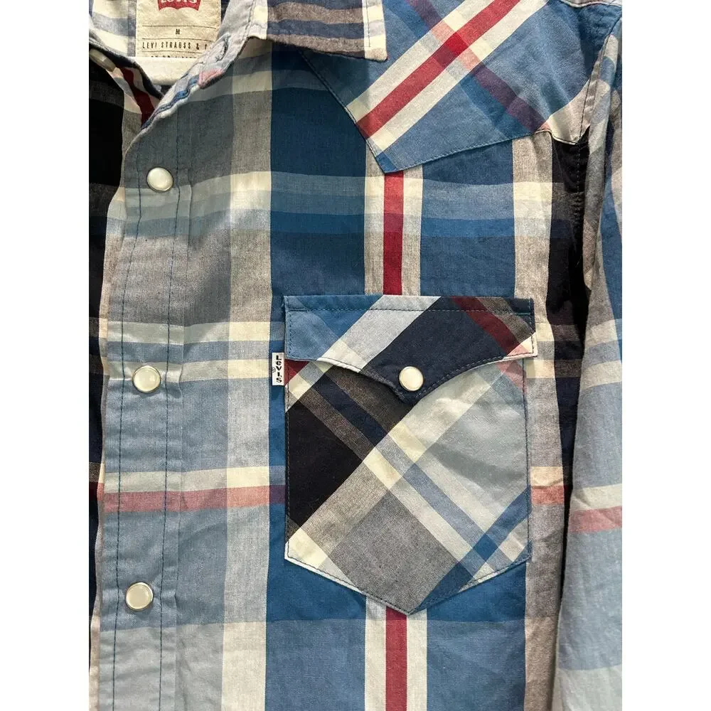 Levi's Pearl Snap Long Sleeve Shirt Men's Size Medium Red‎ Blue Plaid